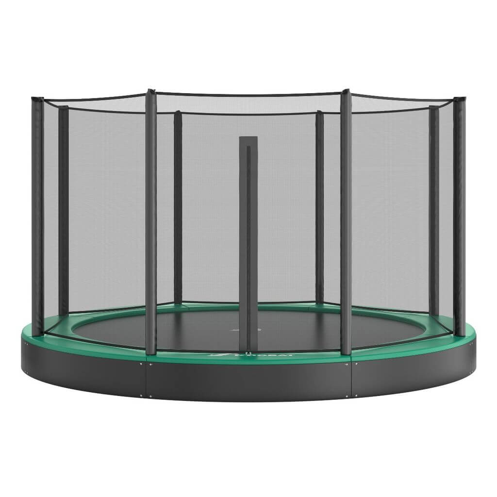 10ft Round Akrobat Primus Flat In-Ground Trampoline – Green Pad with Black Jump Mat